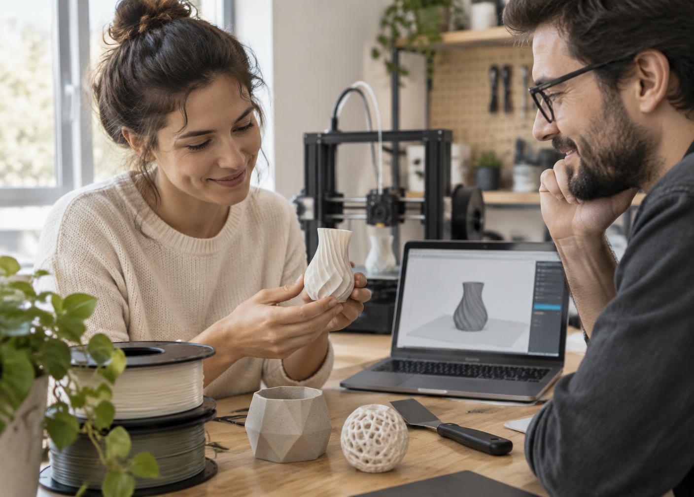 Workshop-Situation mit Laptop, Filament und gedrucktem Objekt