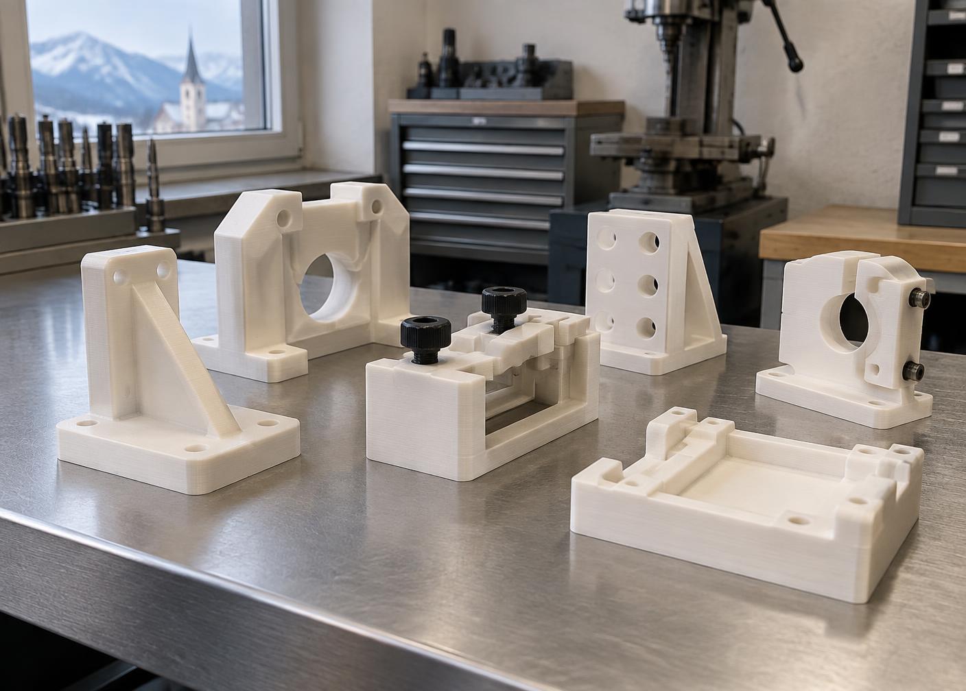 3D-gedruckte Vorrichtungen und Halterungen auf einer Werkbank