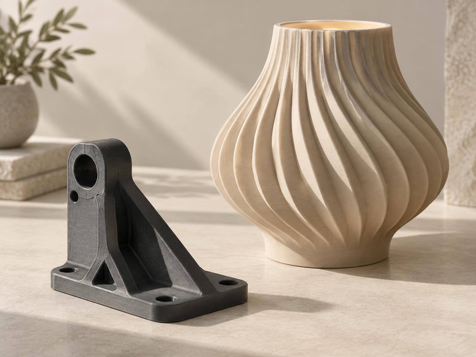 Technisches 3D-gedrucktes Halterungsbauteil neben einer gedruckten Designvase mit sichtbarer Schichtstruktur