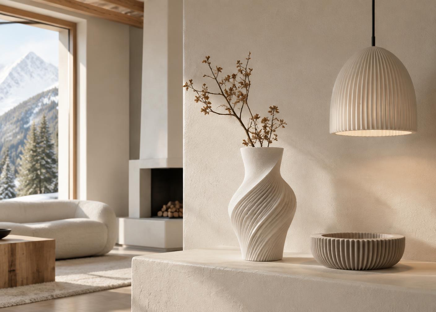 Gedruckte Vase und Pendelleuchte in einem modernen Wohnraum